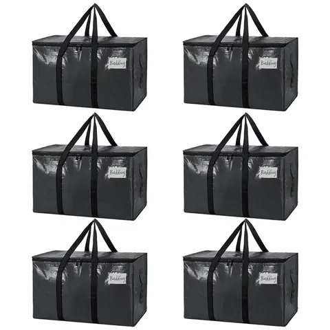 6-Pack Black Large Heavy-Duty Tote Storage Bags - Durable Lightweight Organizer, Reusable Paraben-Free Degradable Bags with Transparent Labels, Zippered U-Shaped Handles, Tear-Resistant for Moving, Clothes Home Storage, Women’s Gift