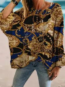 Fashion Women's Chain Print Long Sleeve Knit Top, Elegant Hollow Out Batwing Sleeves, All over Print Sweater for Vacation