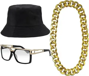 3 Pcs Hip-Hop Costume Accessory Set – Black Bucket Hat, Gold Chain & Sunglasses for Halloween Costumes, 90s Retro Parties, and Themed Events