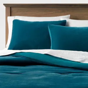 Full/Queen Lustrous Velvet Comforter & Sham Set Dark Teal Blue - Threshold