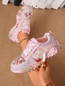 2026 Women's Sequin Rhinestone Thick Sole Dad Shoes, Embroidered Textile Upper, Rubber Sole, Casual Style, All-Season Footwear