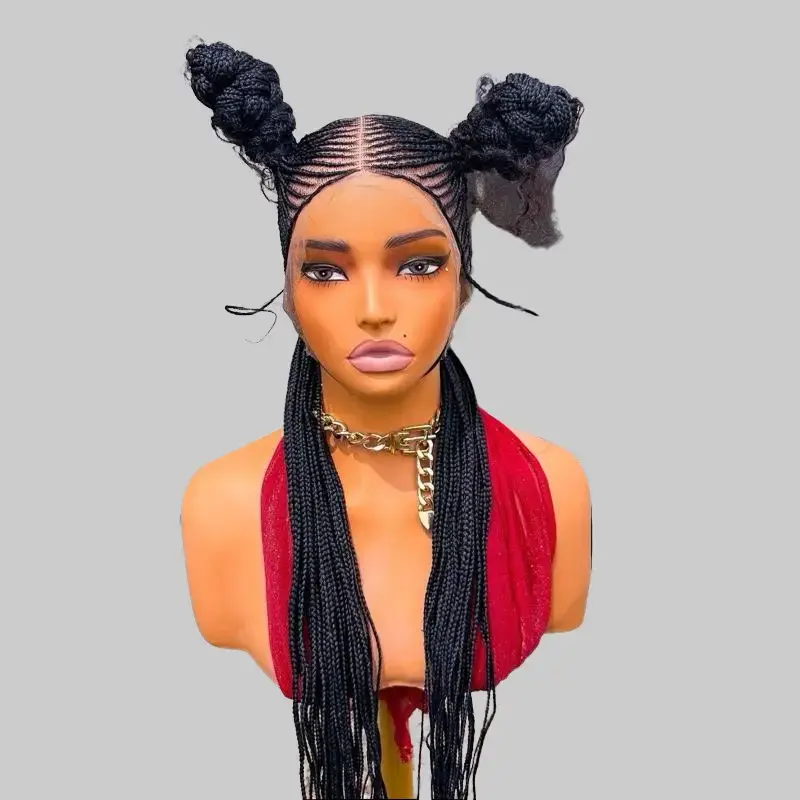 Unisex Synthetic Straight Black Ponytail Braided Wig, Glueless Full Lace Tint Wig