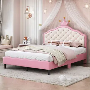 Full Size Bed Frame, Full Princess Bed with Crown Headboard, Soft PU Leather Upholstery, Dreamy Pink and Cream Design