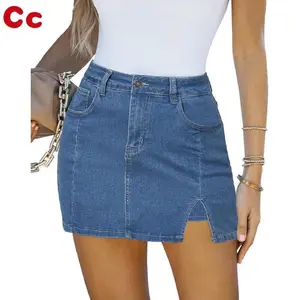 Women's high waisted casual elastic denim skirt with side splicing short skirt, knitted women's clothing aesthetic, steampunk ruffle edge dye drop high waisted jeans