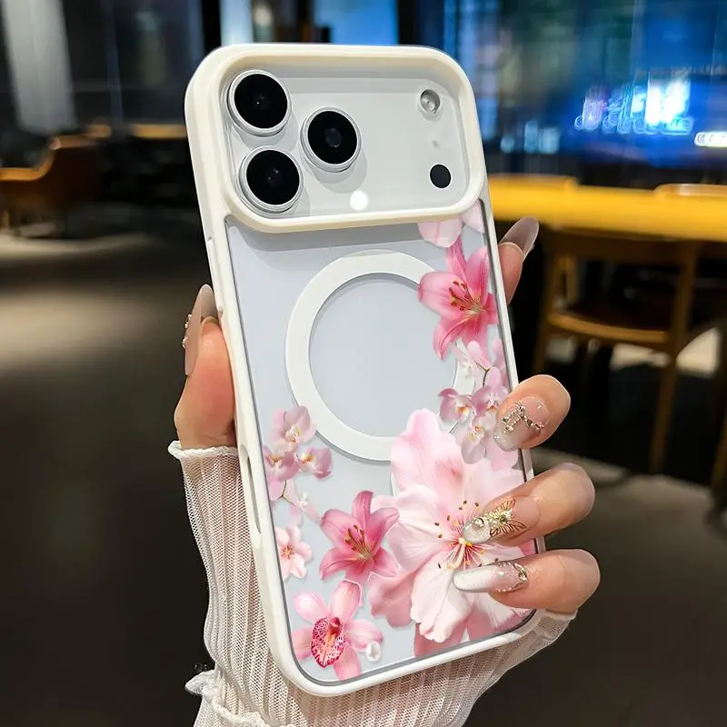 Magnetic Soft Case for iPhone 17 16  Pro Max Plus 15 14 13 12 11 Air E Blush Floral Cascade Pattern Anti-Yellowing Shockproof ultra-thin Silicone Crystal Transparent Acrylic Large Hole Cover Supports Wireless Charging, Accessories, Casing, Smartphone, Saf