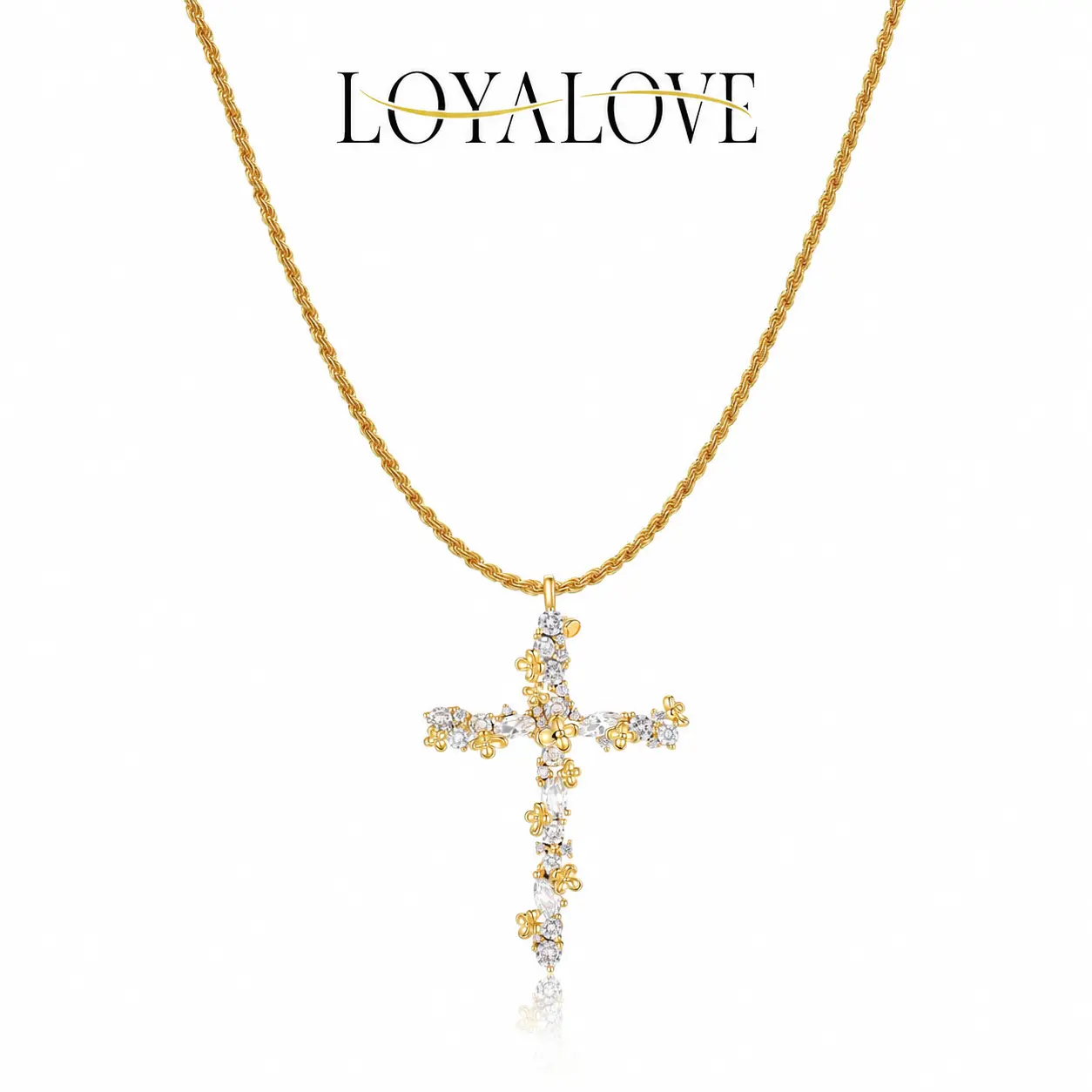 Loyalove 14K Gold Plated Beaded & Twisted Chain Pearl Cubic Zirconia Cross Necklace with Floral Carved Petal Cross Design, Fashion Jewelry for Women, Daily Casual Elegant Necklace for All Occasions