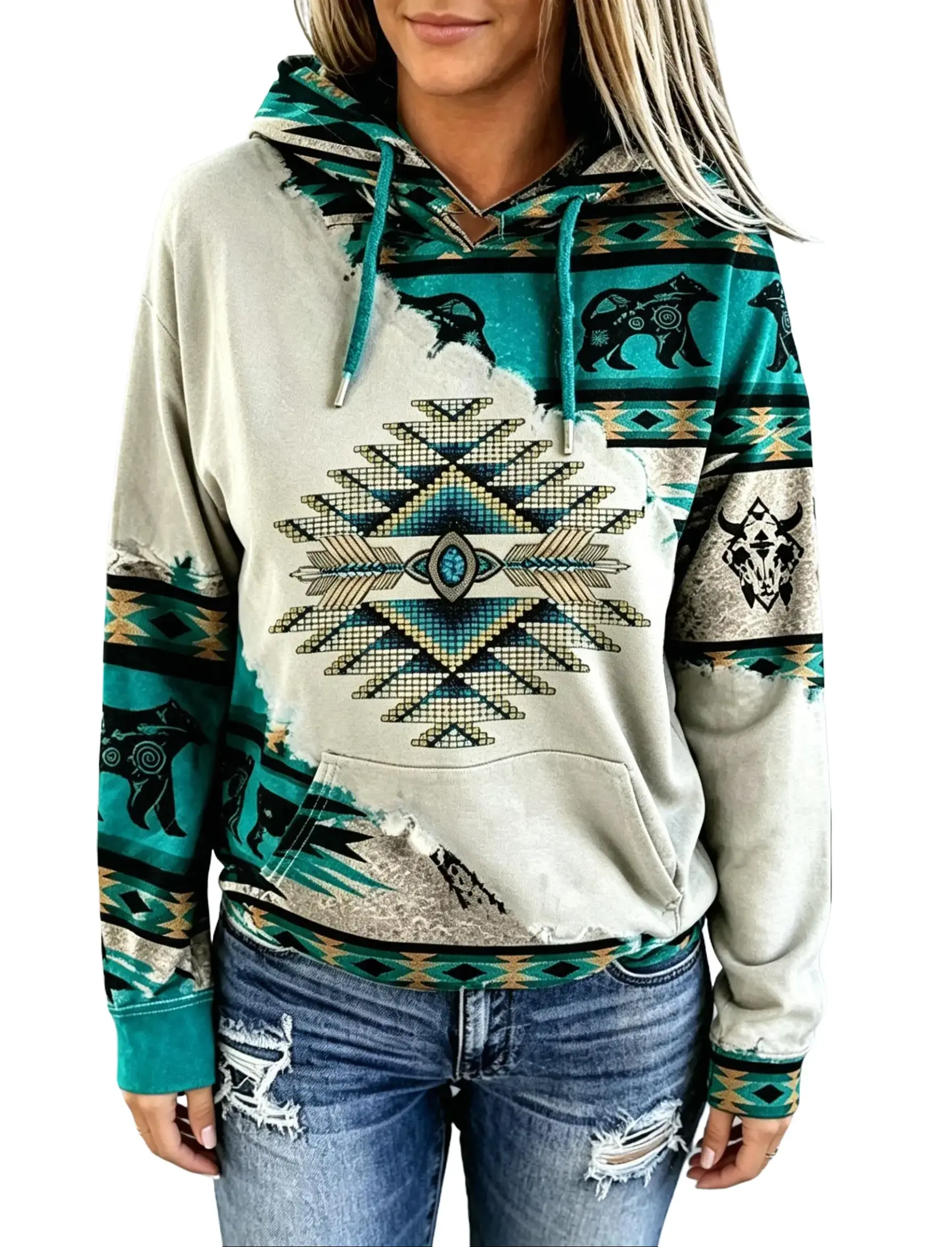 Women's Casual Long Sleeve Hooded Sweatshirt with Ethnic Aztec Geometric Print Patchwork Design, Drawstring Hood, Kangaroo Pocket, Soft Fleece Lined Pullover Top for Fall Winter