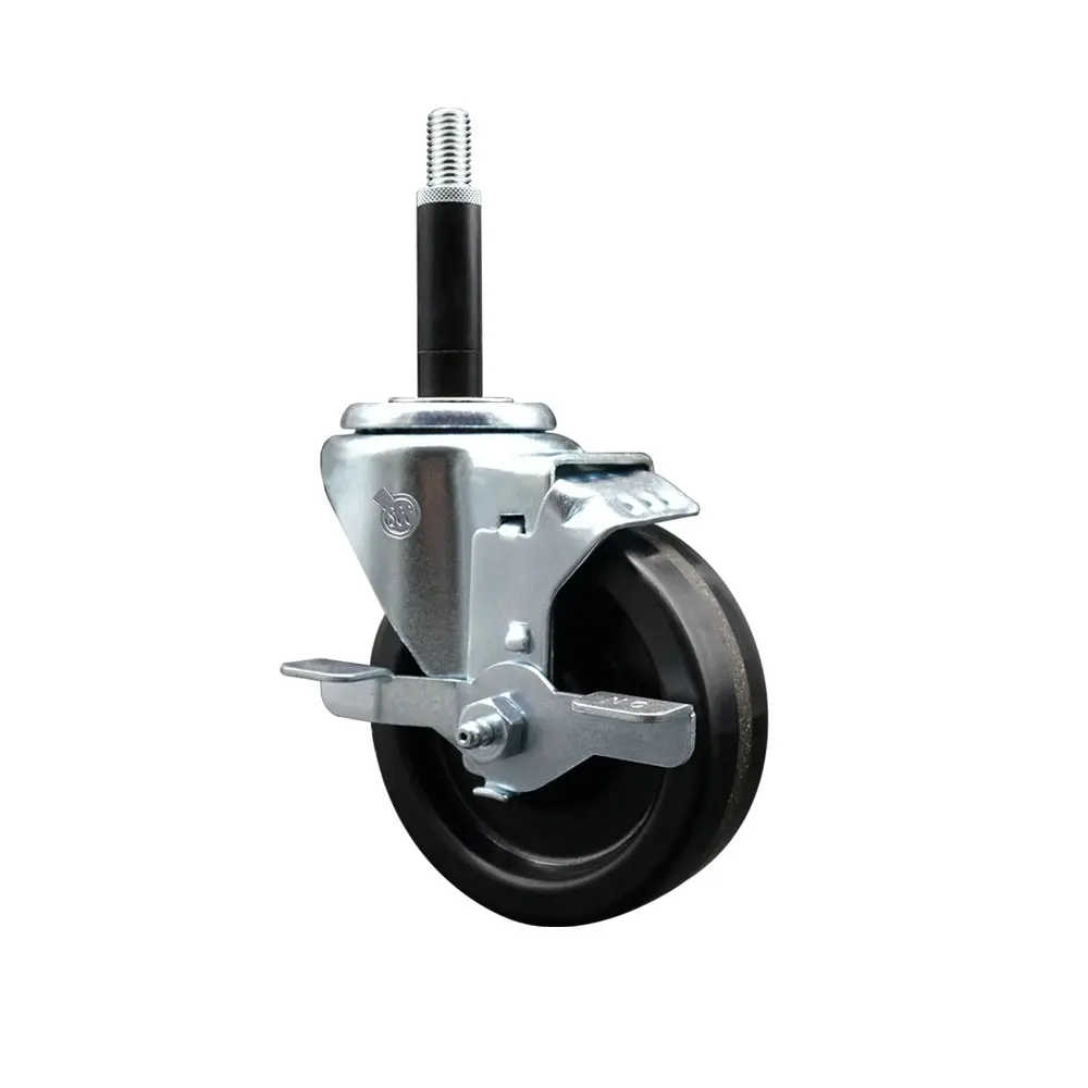 Service Caster SCC-EX20S414-PHR-TLB-34 Phenolic Swivel Expanding Stem Caster, 4x1.25 in. Black Wheel, 0.75 in. Stem, Roller Bearing, Top Locking Brake, Bright Zinc Plated Finish, 300 lbs Capacity, for Round or Square Tube Legs, 300 Lbs/Caster, Casters