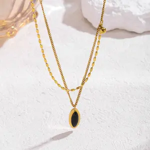 Stainless Steel European and American Retro French Oval Black Necklace with Black Mirror Finish, 18K Plated, Color Retaining Fashion Accessory