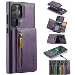 2-In-1 High-End Leather Zipper Magnetic Card Holder Phone Case for Samsung Galaxy S6 S25 S24 S23 S22 Ultra Plus, Wireless Charging Wallet