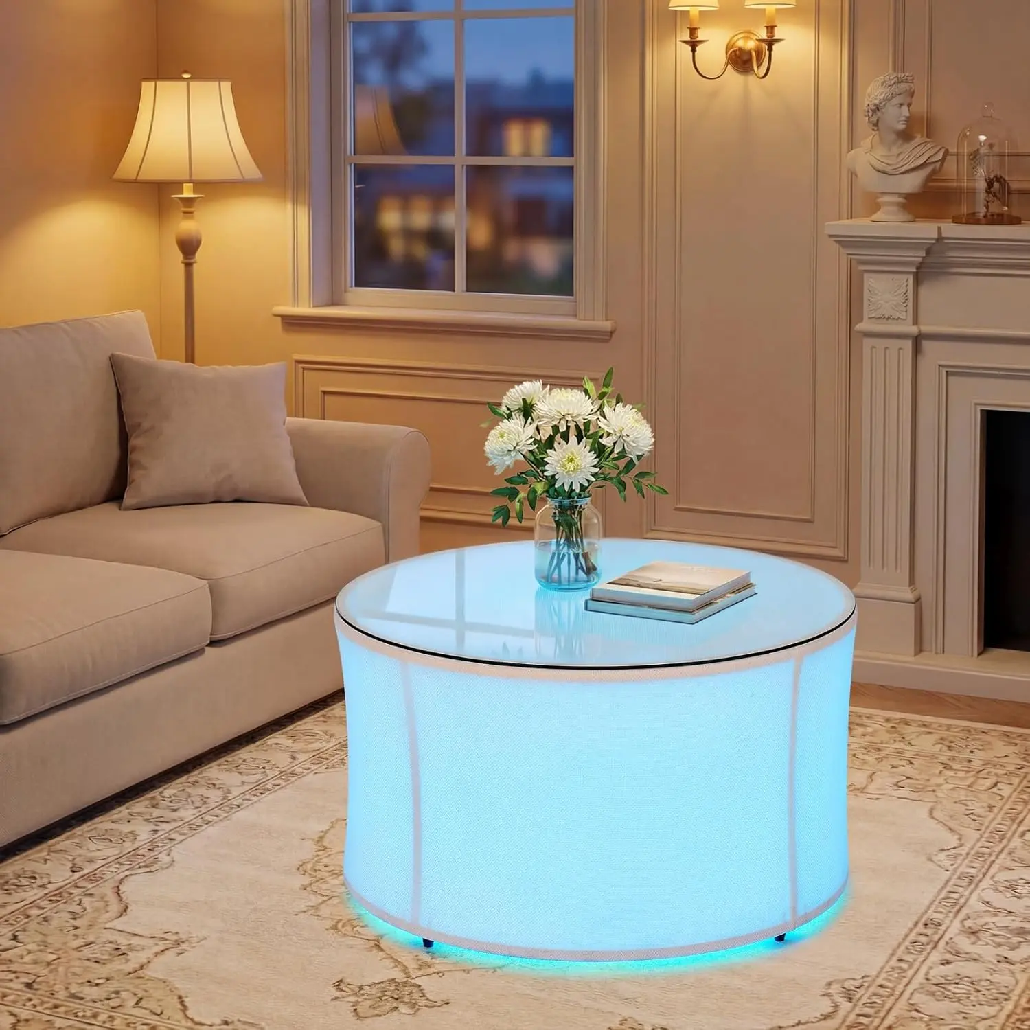 ONBRILL Led Round Coffee Table, 29" Adjustable Brightness Color Modern Beige Circle Glass Cloth Center Table, Easy Assembly, Indoor Living Room Furniture for Small Space, Tiny Apartment