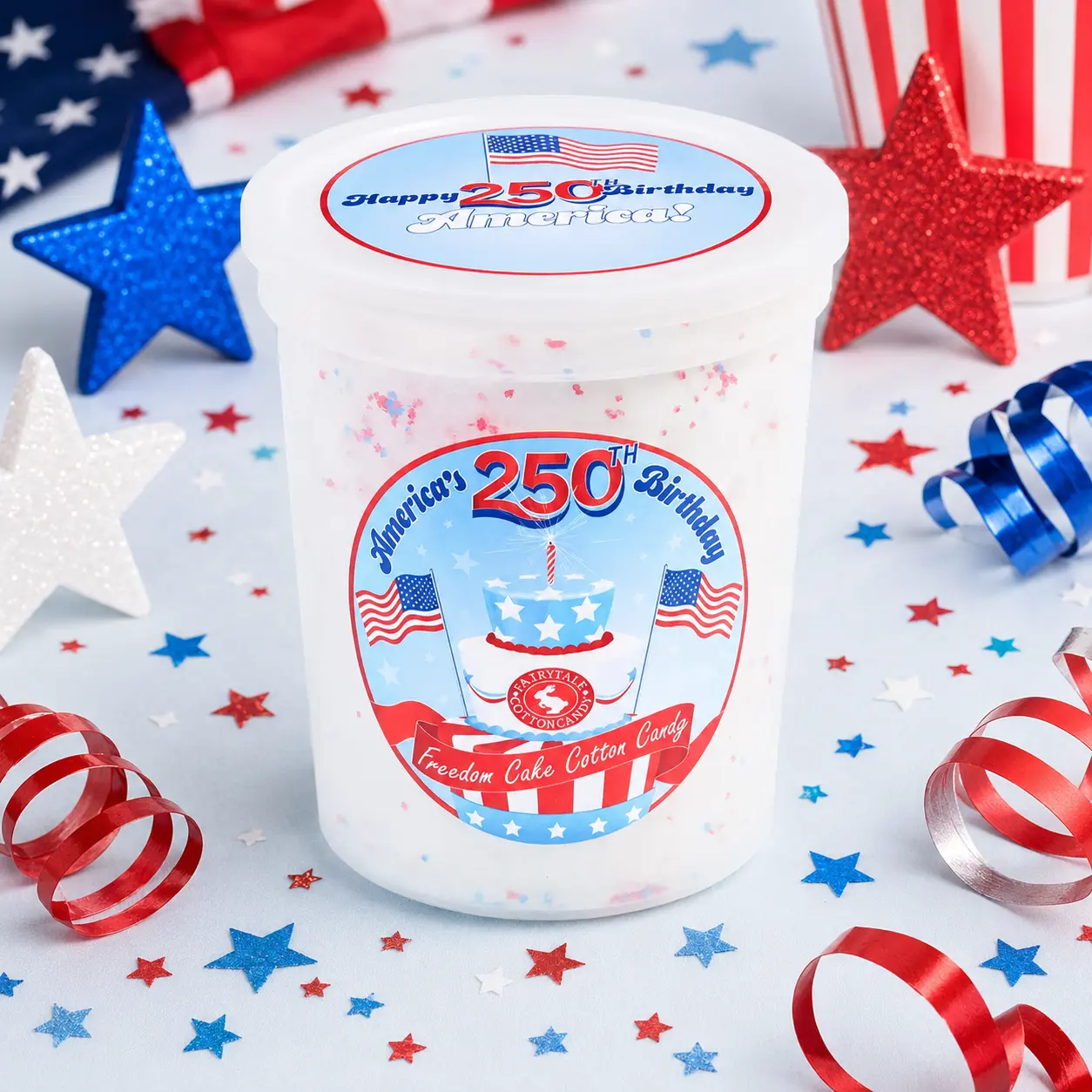 Nostalgic Limited Edition Fairy Tale Cotton Candy Candies - Freedom Cake-Flavored Fluffy Party Snacks, Classic White Cake Taste with Mixed Red-Blue Sanded Sugar Sprinkles, Allergen-Free, Ideal for America's Birthday Celebrations, Sweet Candy