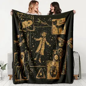 Gold Fantasy Pattern Flannel Blanket, Comfortable Warm Durable, Ideal for Sofa Office Bed Camping Travel, Perfect Holiday Gift