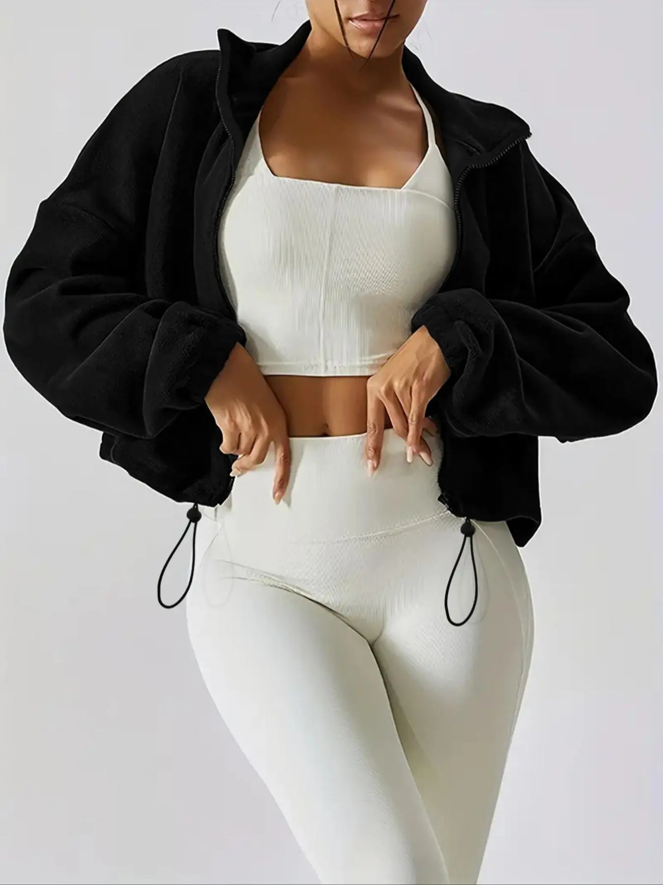 Women's Solid Drawstring Zip Up Fuzzy Crop Coat, Casual Basic Long Sleeve Drawstring Hem High Neck Fitted Chic Casual Outerwear for Fall & Winter, Ladies Clothes for Daily Wear, Jacket, Tops, Casual Lightweight Jacket, Daily Wear Jackets