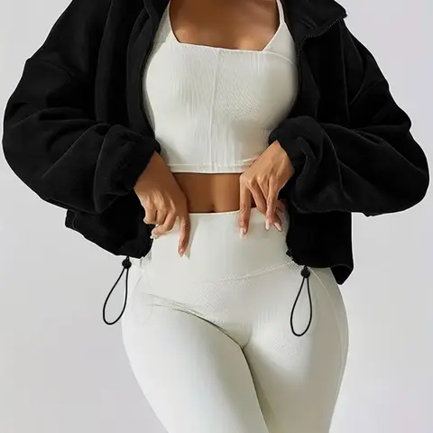 Women's Solid Drawstring Zip Up Fuzzy Crop Coat, Casual Basic Long Sleeve Drawstring Hem High Neck Fitted Chic Casual Fashion Outerwear for Fall & Winter, Ladies Clothes for Daily Wear, Jacket, Tops, Casual Lightweight Jacket, Daily Wear Jackets