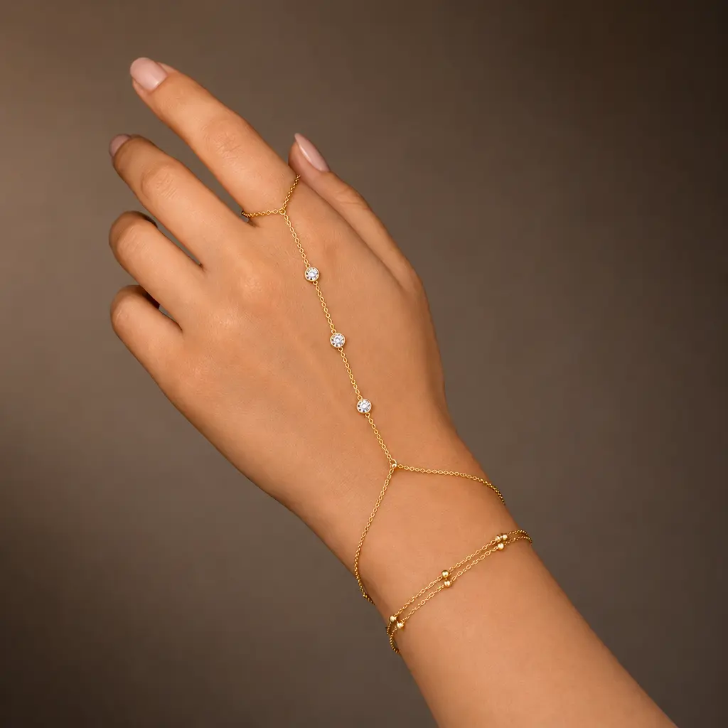 Dainty 14K Gold Plated Hand Chain Bracelet for Women, Titanium Steel Hypoallergenic Finger Bracelet with A-Grade Zircon, Adjustable Y-Shaped Slave Bracelet, Trendy Minimalist Hand Jewelry for Daily Wear, Parties, Gifts