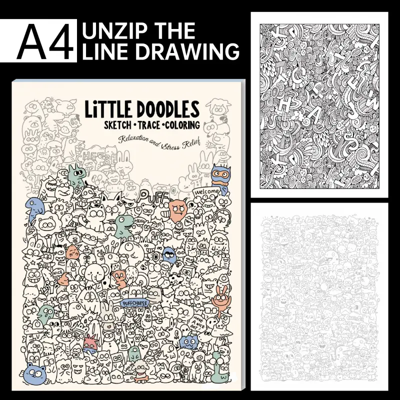 Cartoon Doodle Art Coloring Book, Little Doodles Trace Sketch Colouring Book for Stress Relief & Mind Relax