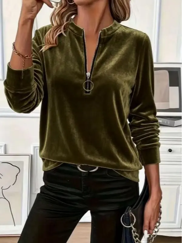 Women Stand Collar Half Zip Velvet Long Sleeve Top Casual Loose Ring Zipper Front Placket Solid Color Velour Blouse Elegant Fall Winter Basic Layer Shirt For Office Daily Going Out