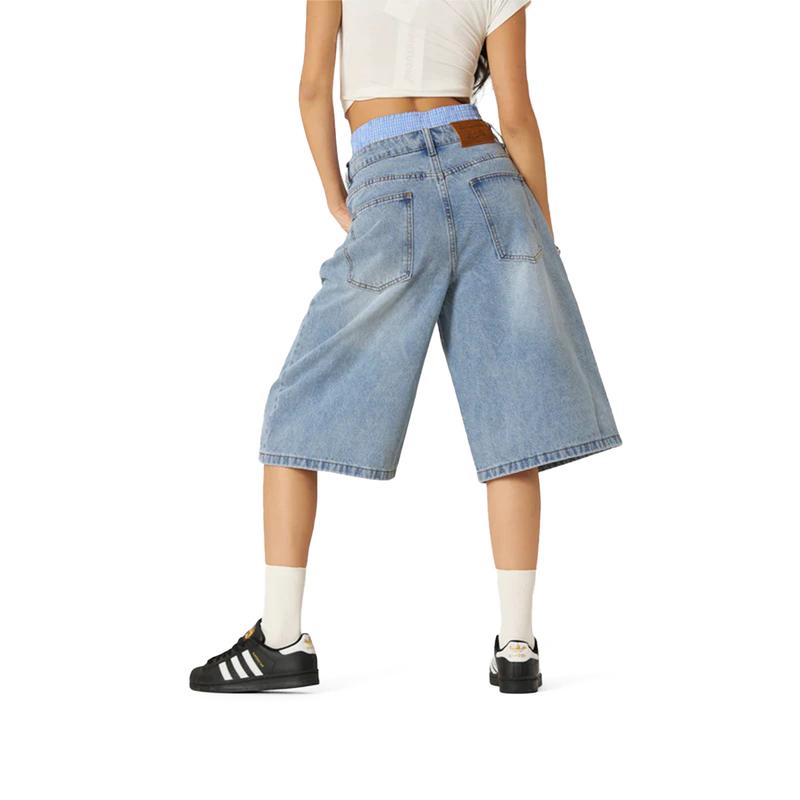 Aelfric Eden Double Waist Loose Sagging Jorts Baggy Denim Jorts High Waist Stretchy Straight Wide Leg Jorts Light Wash Shorts
