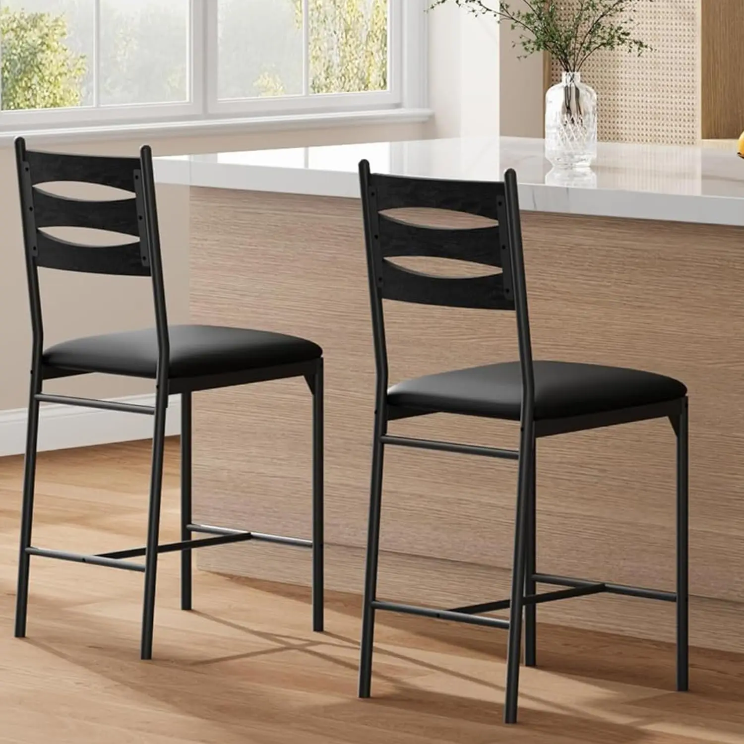 GAOMON Bar Stools Set of 2, Counter Height Bar Chairs with Back and Thick Cushion, Upholstered Dining Chairs with Padded Seat, Barstools for Kitchen Island, Bar, Dining Room, Black