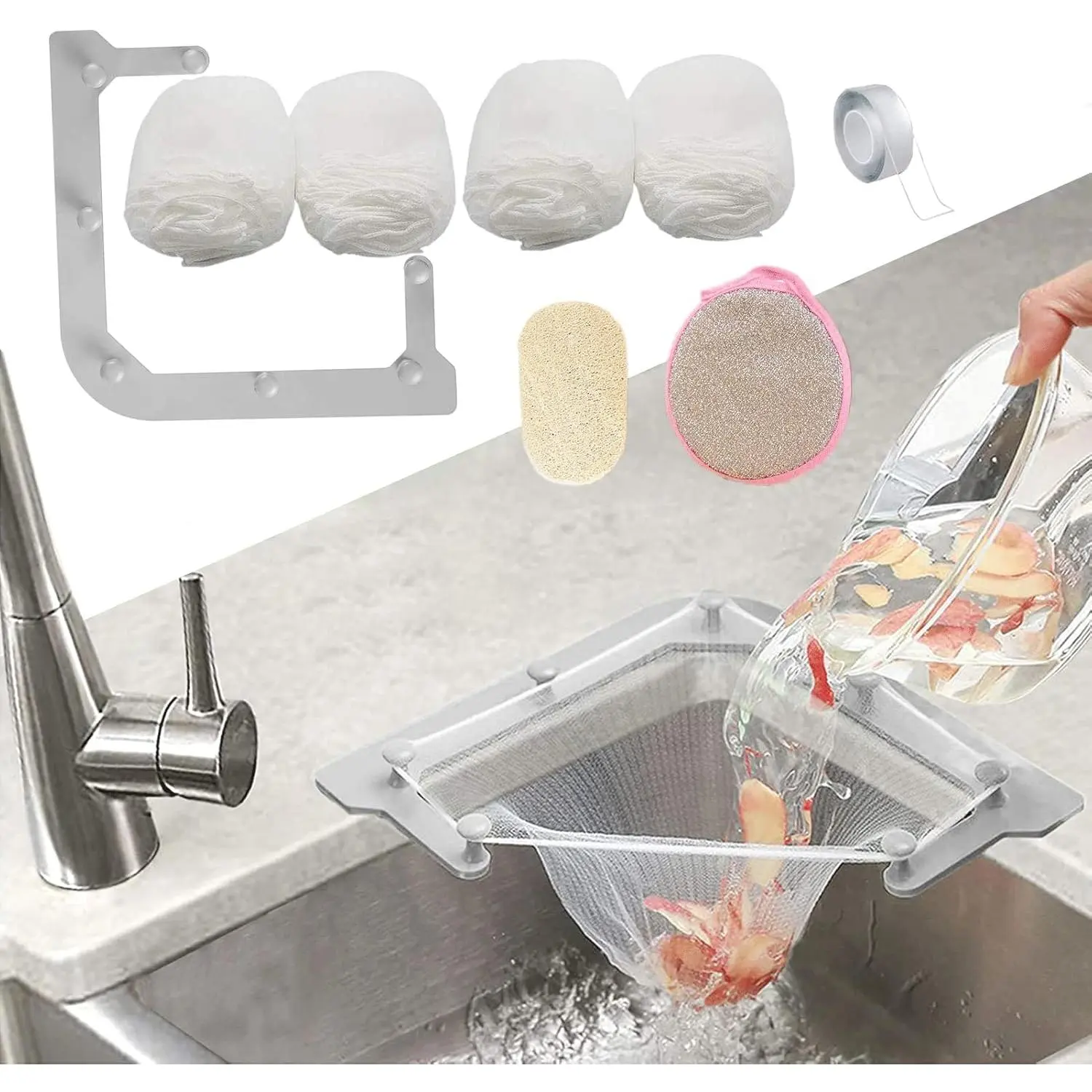Kitchen Sink Triangle Tri-Holder Filter, Kitchen Sink Strainer, Sink Drain Strainer, with a Triangular Gray Rack and 200PCS Large Size Filtering Mesh Bags  Kitchen Leftover
