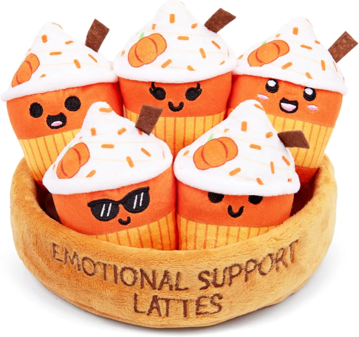 5-Pack Emotional Support Lattes Plush Set - Cute Soft Coffee Cup Squishy Plushies with Display Basket | Anxiety & Stress Relief Toys, Fidget Desk Buddies, Kawaii Cafe Stuffed Animal Gift for Coffee Lovers & Adults