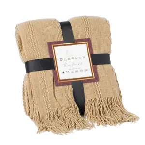 Deerlux  60 x 50 in. Decorative Zigzag Stripe Pattern Knit Throw Blanket with Fringe, Tan
