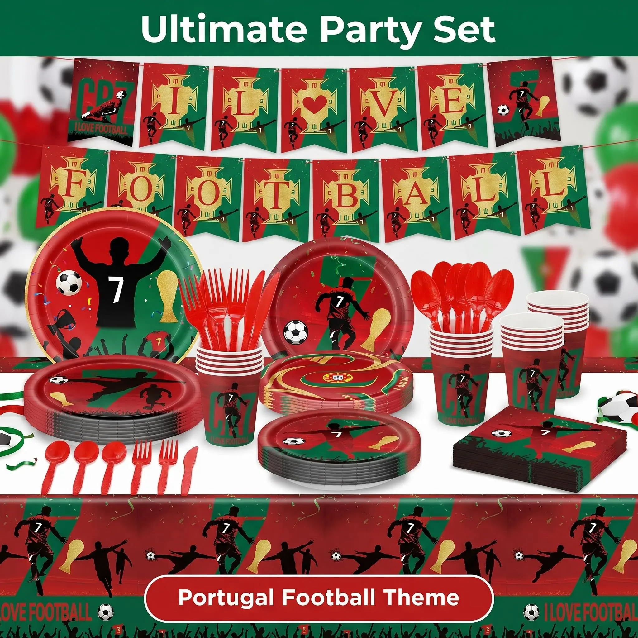 Soccer Themed Disposable Tableware Set - 152-Piece Portuguese Flag Theme Kit Serves 10 Guests, Includes Plates, Cups, Napkins - Watch Party Essential, Cup Set Disposable Tableware Supplies, No Washing Needed