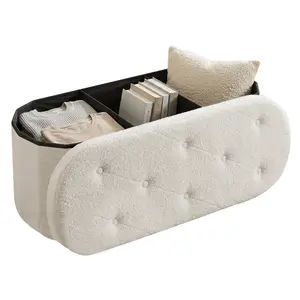Folding Storage Ottoman Bench, Oval Round Ottoman End of Bed Foot Rest Bench Stool with Cushion, Storage Chest for Bedroom, Living Room, Entryway