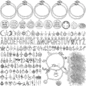 Summer Gift 469 Pcs Silver Charm Bracelet Making Kit DIY Bangles Bracelet Set Paperclip Chain Bracelets Alphabet Charms Jewelry Making Supplies with OT Toggle Clasp for Crafting