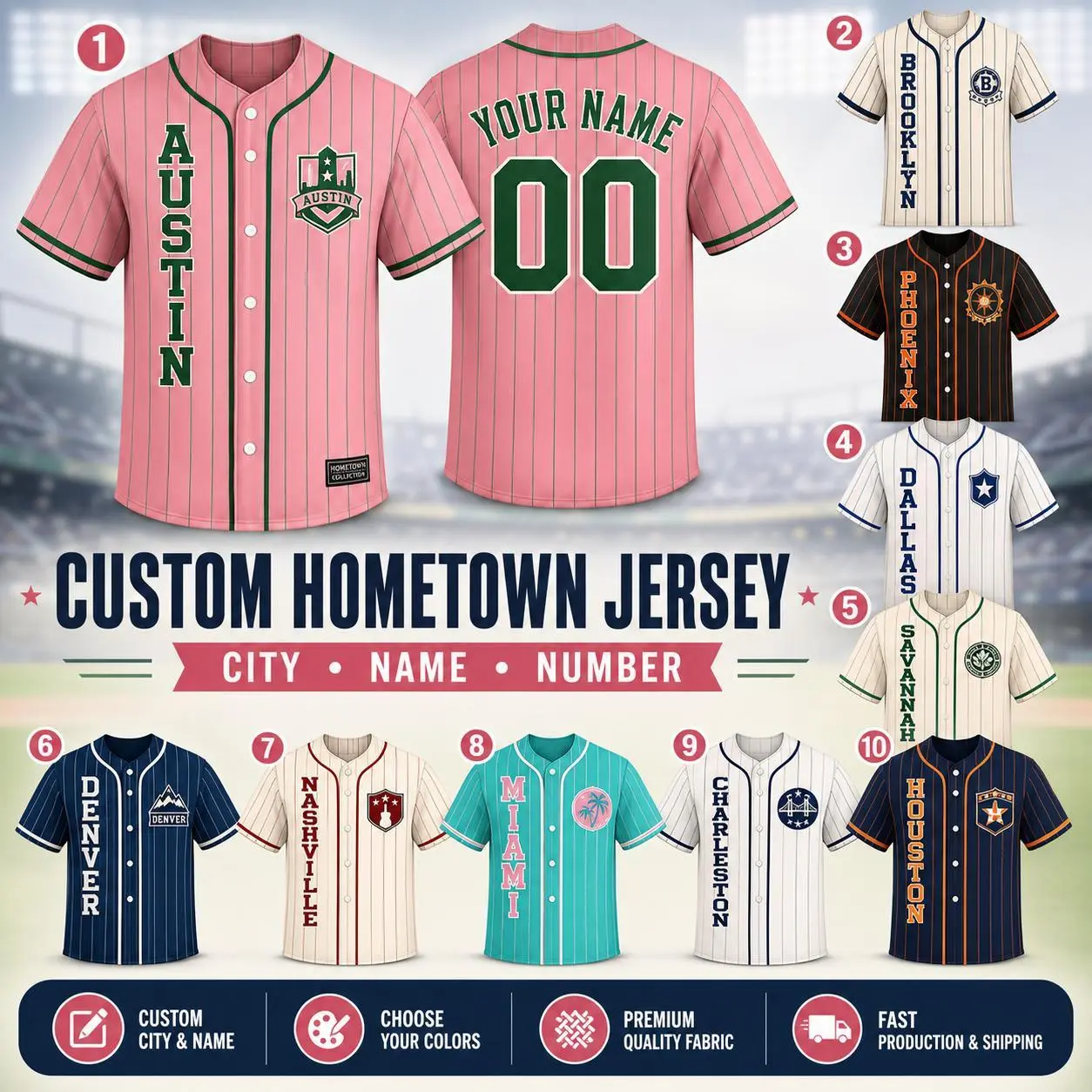 Personalized Hometown Baseball Jersey – Custom Name & Number – Unisex Pinstripe Button Front Sports Shirt – Retro City Team Style for Men, Women, Families & Groups