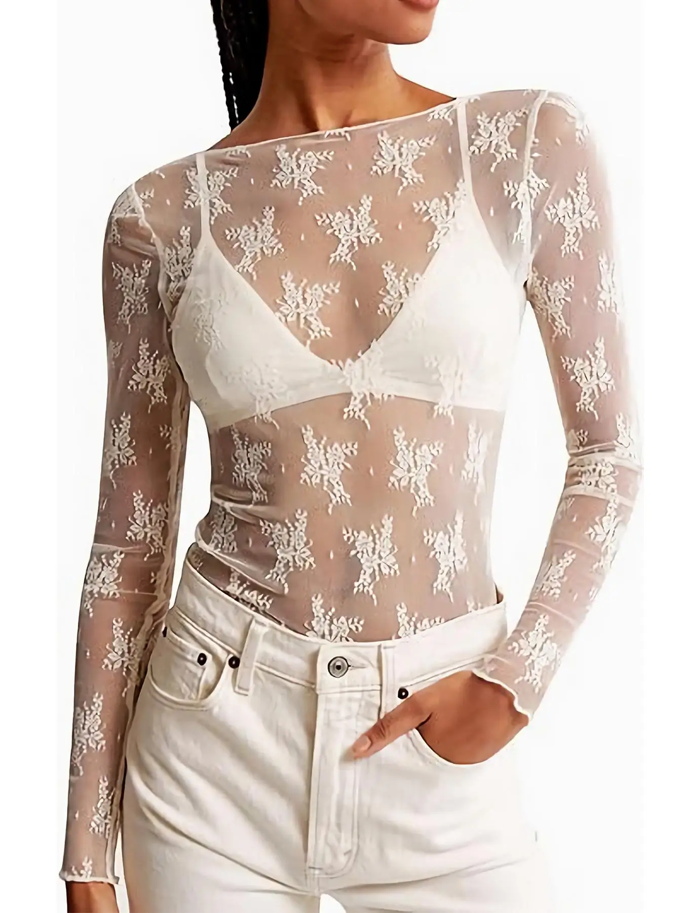 Women's Sheer  Floral Lace  Top, Casual Long Sleeve Boat Neck Top for Daily Wear, Ladies Clothes for All Seasons