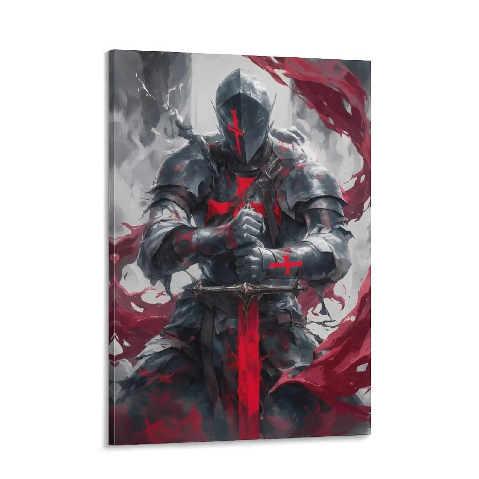 Dark Knight Canvas Wall Art – Gothic Medieval Warrior Poster with Red Cross, Fantasy Wall Decor for Bedroom