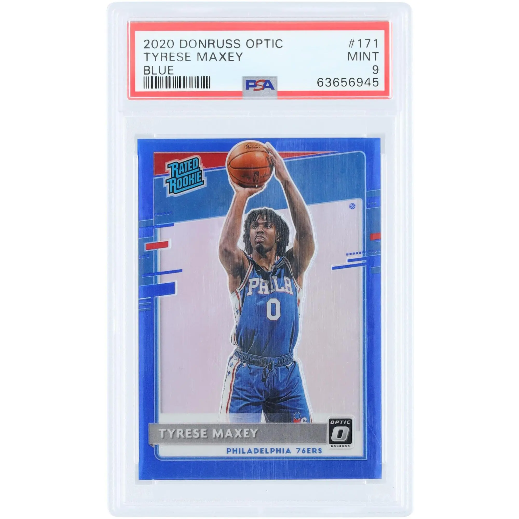 Tyrese Maxey Philadelphia 76ers 2020-21 Panini Donruss Optic Blue Prizm #171 #53/59 PSA Authenticated 9 Rookie Card