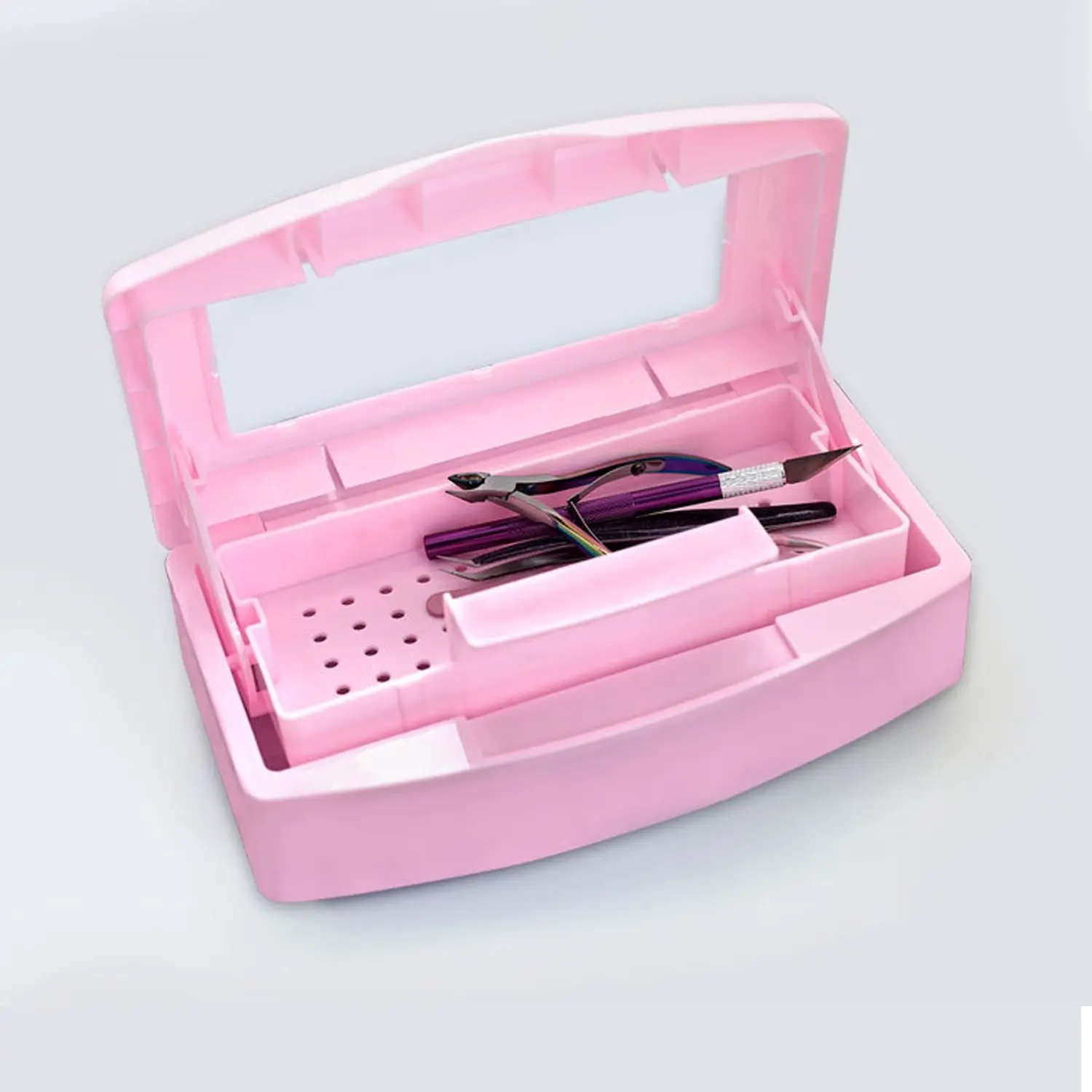 Nail Art Polisher Head Disinfector Box, Manicure Nail Tool Accessories Storage Box, Nail Tool Cleaning & Sterilization Box with Drain Basket, Nail Care