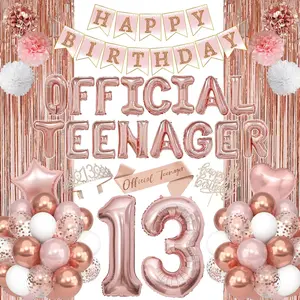 13Th Birthday Party Decorations For Girls, Rose Gold Official Teenager Foil Balloons 13Th Birthday Banner Fringe Curtain Crown Sash Paper Pompoms Cake Topper For 13 Year Old Girls Party Favor Supplies