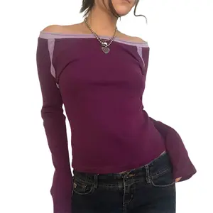 Women's Off Shoulder Tops, Vintage Long Sleeve Contrast Color Slim Fit Tee Shirts