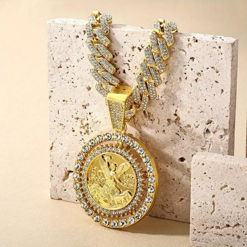 18K Gold Plated Spinning Angel Pendant Cuban Chain Necklace - Unisex Religious Symbol Jewelry Gift, Zinc Alloy, Luxurious Gold Finish for Men and Women, Vintage Jewelry