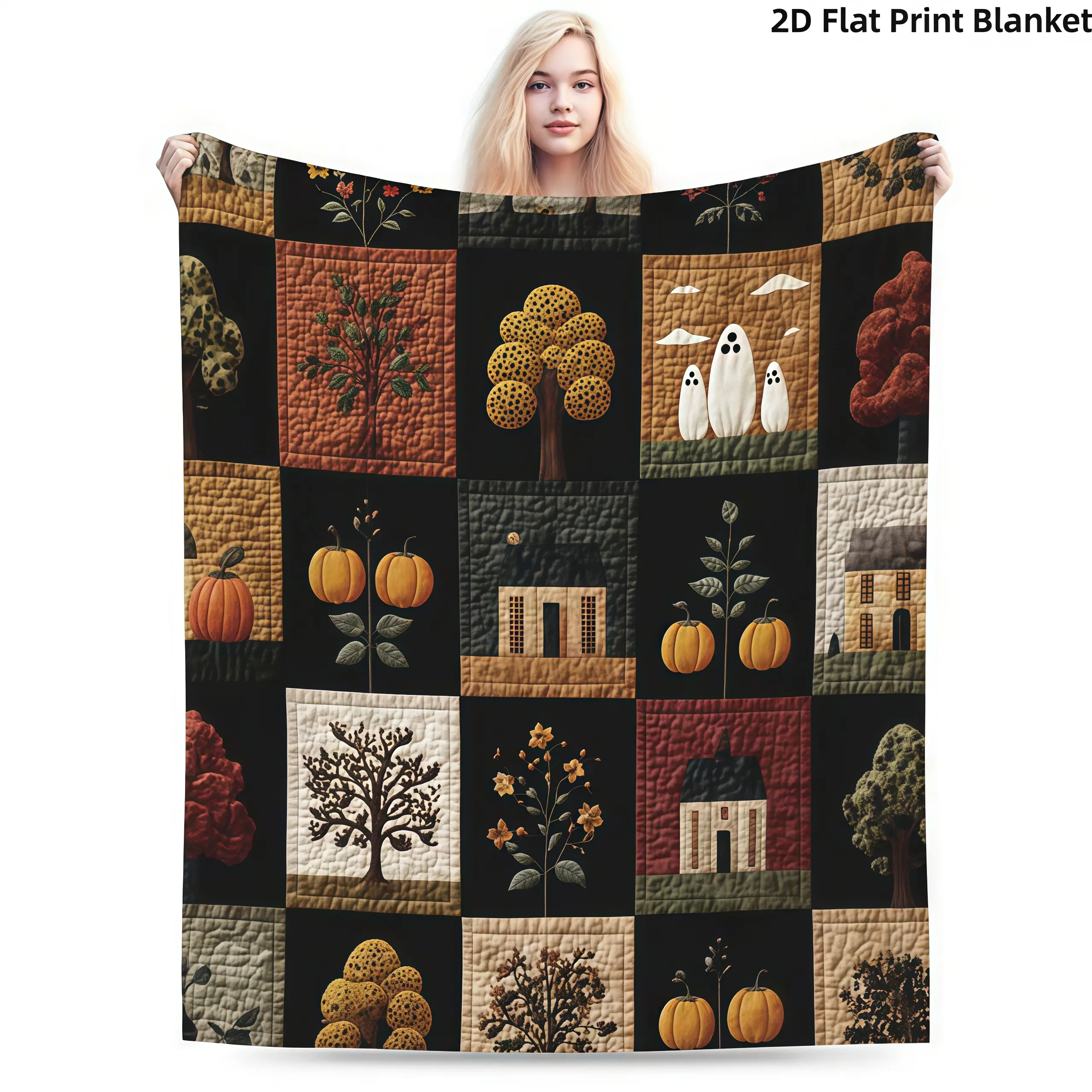 【Blanket】Fall Halloween Print  Blanket Soft Warm Throw Plush Blanket Neutral Rustic Pumpkin Ghost Autumn Tree Cottage Aesthetic Bedroom Couch Nap Blanket Giftable Farmhouse Halloween Fall Decor Blanket For Room Party Day Gift Popular Home Bl