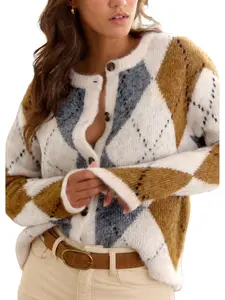 Women's Argyle Pattern Cardigan, Casual Long Sleeve Open Front Knitwear for Fall & Winter, Fashion Women's Knit Clothing for Daily Wear, Tops