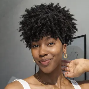 VOSILKBlack Afro Headband Wig Kinky Curly Headband Wig with Bangs Short Curly Headbands Wigs for Black Women Afro High Puff with Bangs Synthetic Half Wigs