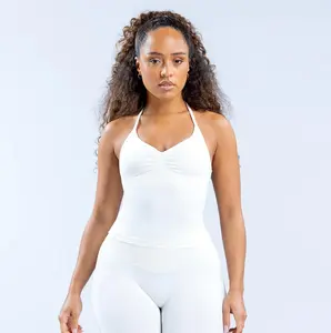 【with logo】dfyne  Ruched Front Halter Longline Workout Tank Top，Slim Fit Longline Halter Athletic Camisole，halter longline tank、ruched front yoga cami