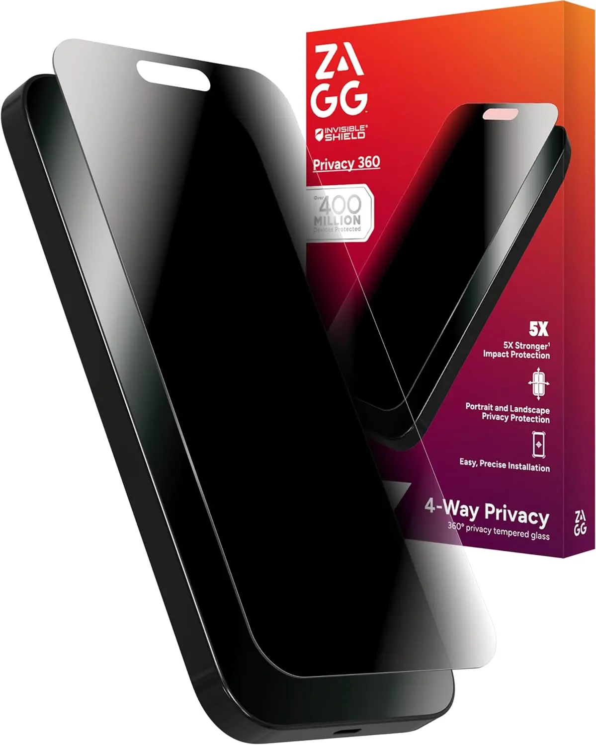 ZAGG Glass Elite Privacy 360 Smartphone Screen Protector for iPhone 16 Pro Max, Aftermarket Screen Protectors & Foils Accessory for Device Protection