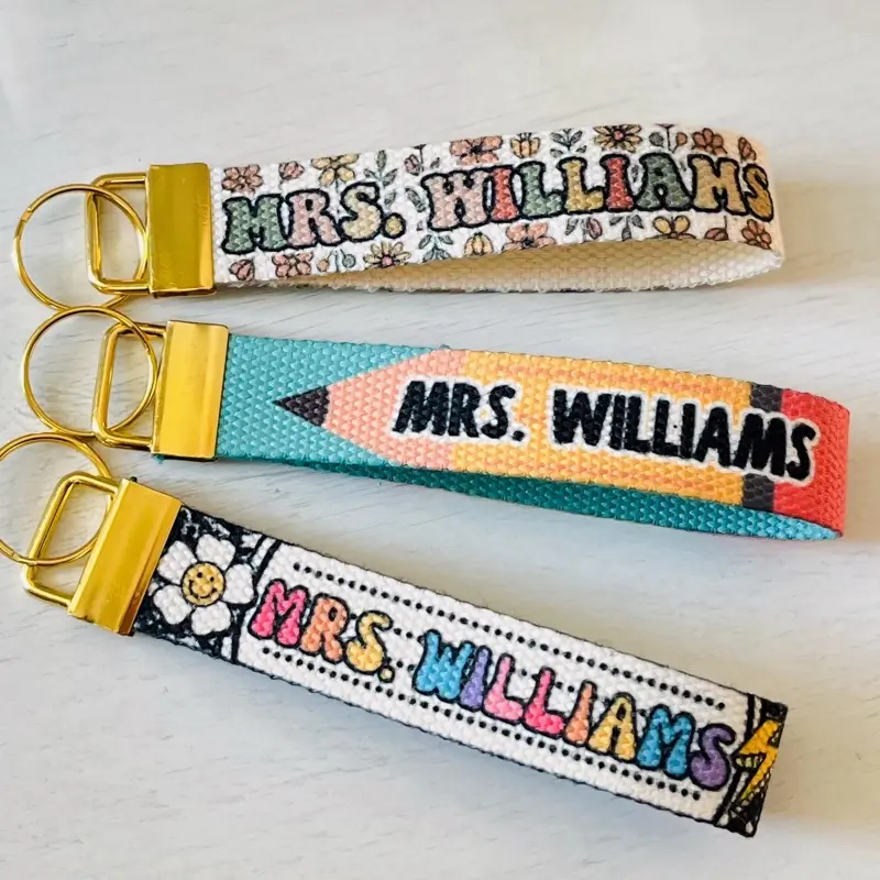 Personalized Wristlet for Teachers - Custom Name Keychain with Pencil Design & Colorful Patterns