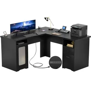 Homieasy L Shaped Desk with Drawers, 60 Inch Corner Computer Desks with USB Charging Port and Power Outlet, Large 2 Person Home Office Table with File Cabinet, Black