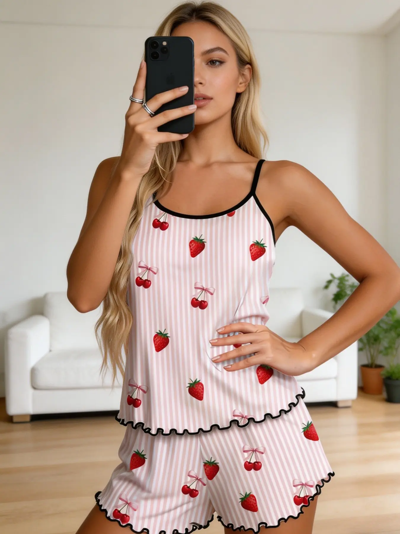 Pink Striped Strawberry Cherry Milk Silk Pajama Set - Soft Ruffled Hem Cami Loungewear for Women, Cute Fruit Print Summer Sleepwear, Breathable Silky Two-Piece PJs