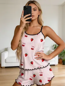 Pink Striped Strawberry Cherry Milk Silk Pajama Set - Soft Ruffled Hem Cami Loungewear for Women, Cute Fruit Print Summer Sleepwear, Breathable Silky Two-Piece PJs