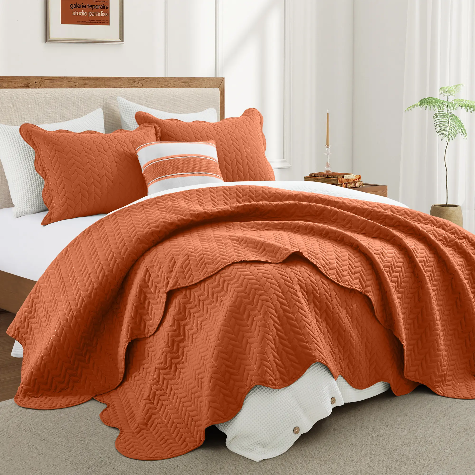 Oxford Homeware Leaf Design Ultrasonic Quilt Set | Super-Soft 1500 TC Microfiber Bedspread Set with Pillow Shams | Lightweight Reversible Bedding | Twin, Queen, King & California King Sizes