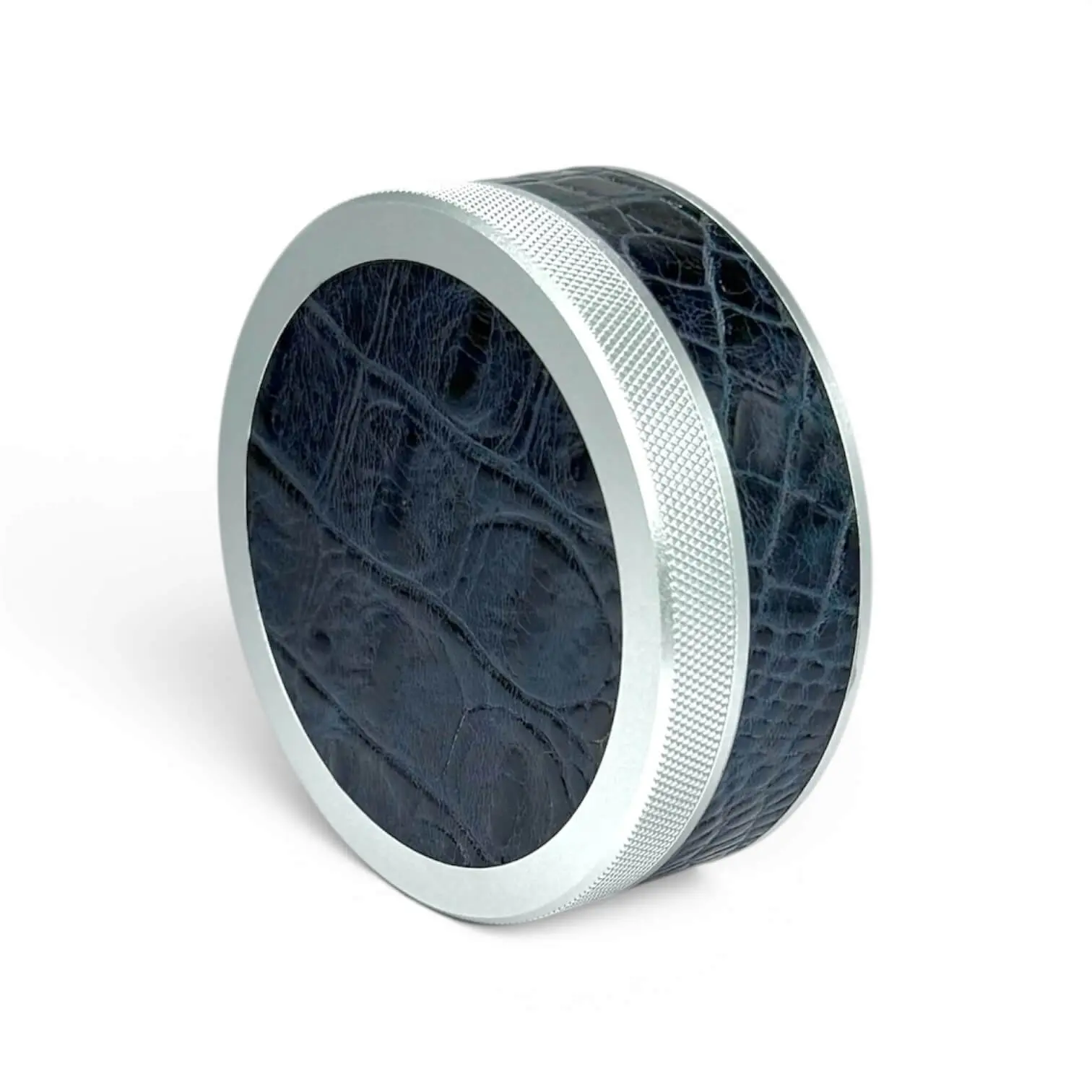 Silver on Midnight Blue Embossed Croc Ruk Can | EDC Storage Can | Airtight Seal for Freshness | 100% Genuine Leather Top & Band | Texas Designed & Crafted