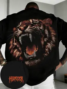 Men's Tiger Print T-Shirt, Casual Loose-Fit Oversize Baggy Long Tee, Short Sleeve, All Seasons, Comfortable Streetwear for Outdoor Activities, Tops
